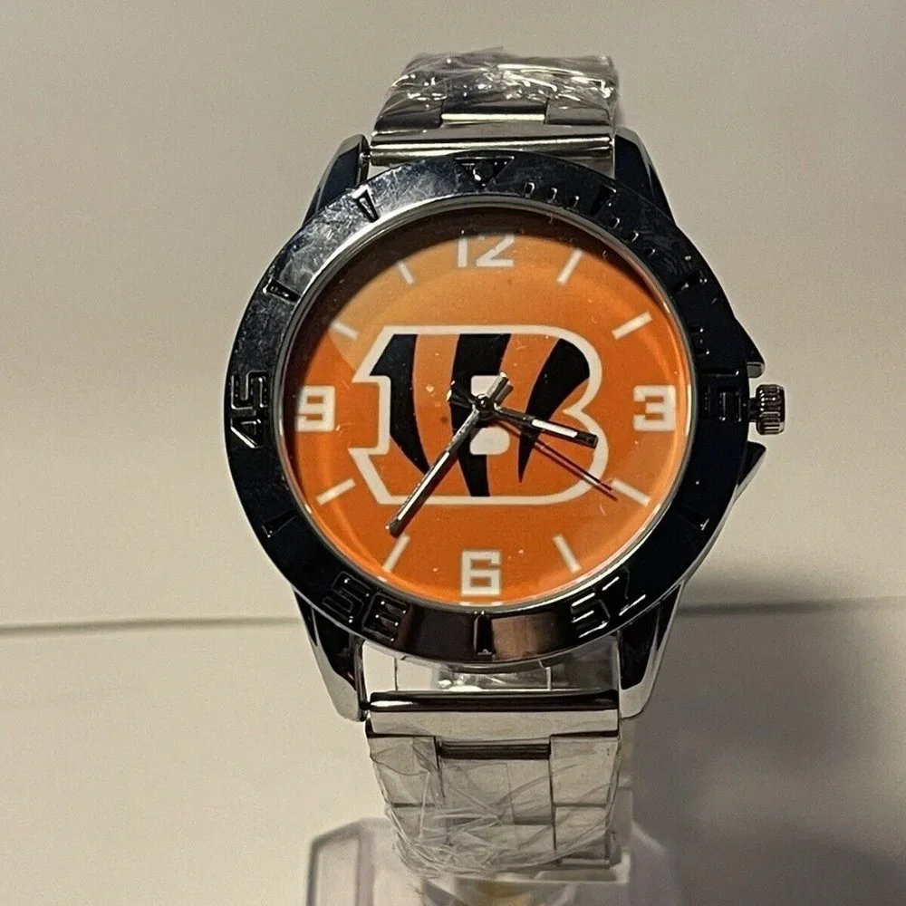CINCINNATI BENGALS NFL Team Logo Men's Stainless-Steel Silver Analog Watch NEW